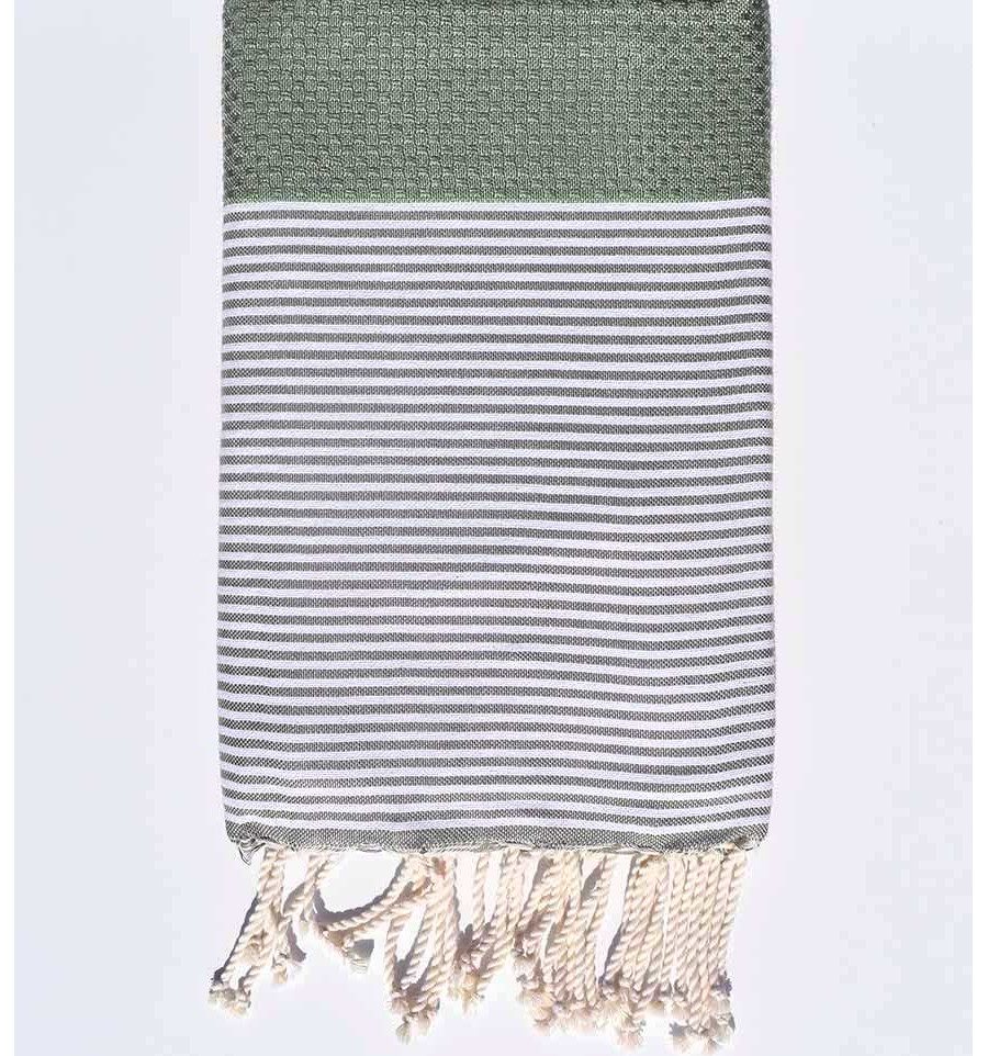 Toalla / Fouta Nid De Abeille Verde Olivo y rayas Blanco